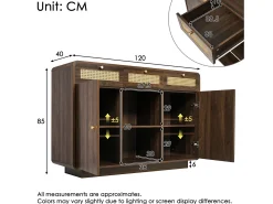 Buffet aspecto nogal 120x40x85cm - con 2 puertas y 3 cajones de ratán - compartimentos abiertos - Nogal