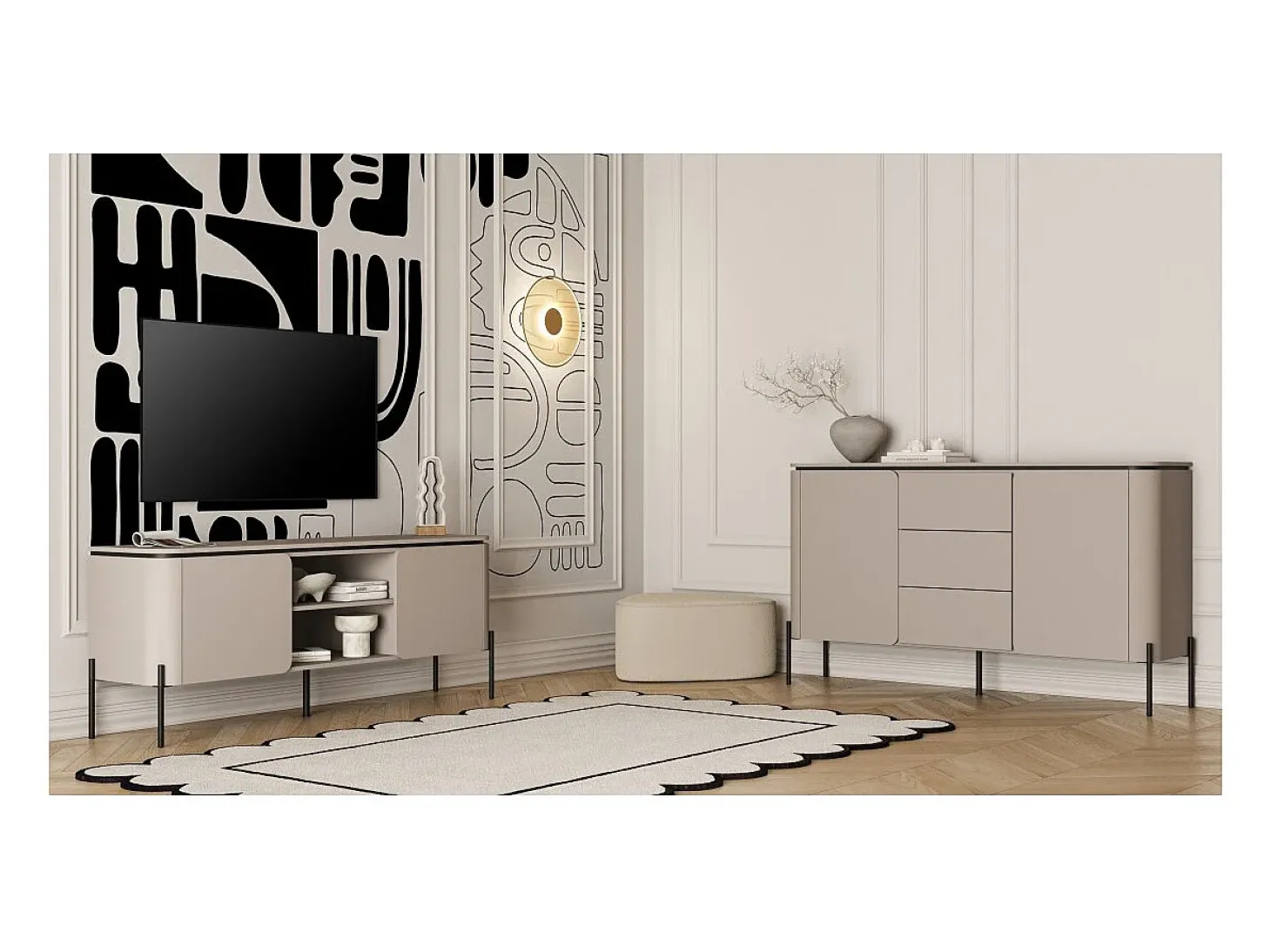 Buffet BELLA 2 puertas 3 cajones – Acabado Congo mate – Patas metálicas negras