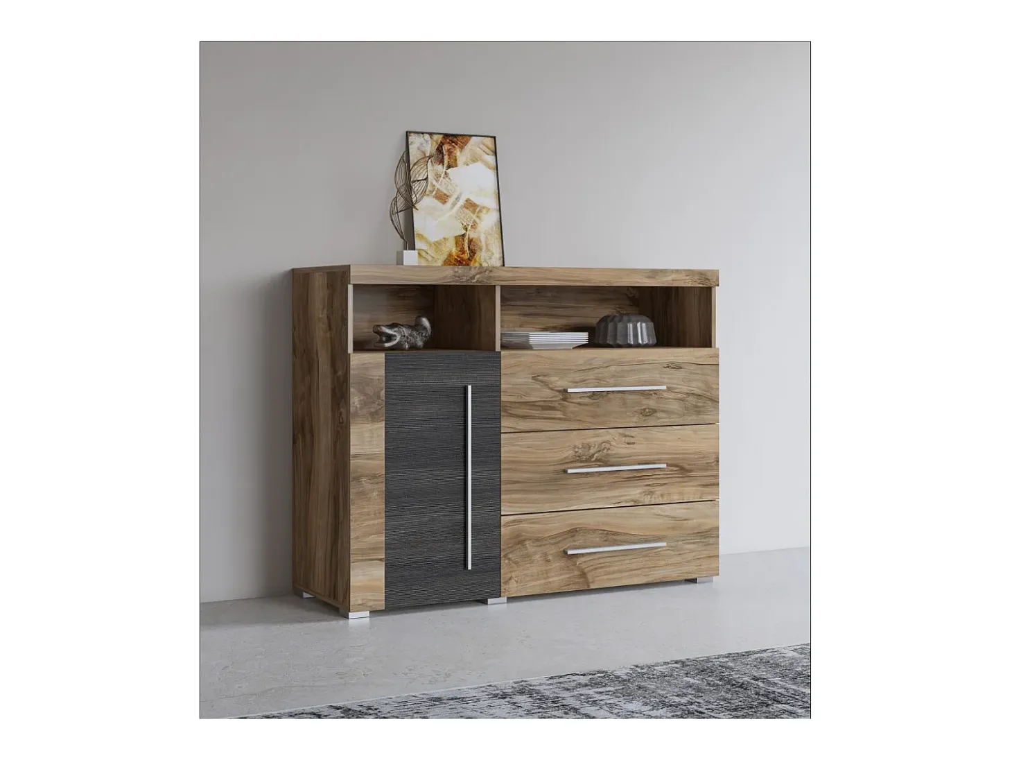 Buffet BRAZZA 1 puerta 3 cajones – Almacenamiento compacto nogal satinado – Nichos visibles – 119 cm