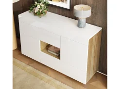 Buffet brillante 120×37×76,5 cm - Iluminación LED - 2 cajones y 2 puertas - Estantes abiertos - Blanco + Natural