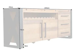 Buffet CAVARA 195 cm – Pino macizo vintage marrón y metal negro – 2 puertas, 3 cajones y botellero
