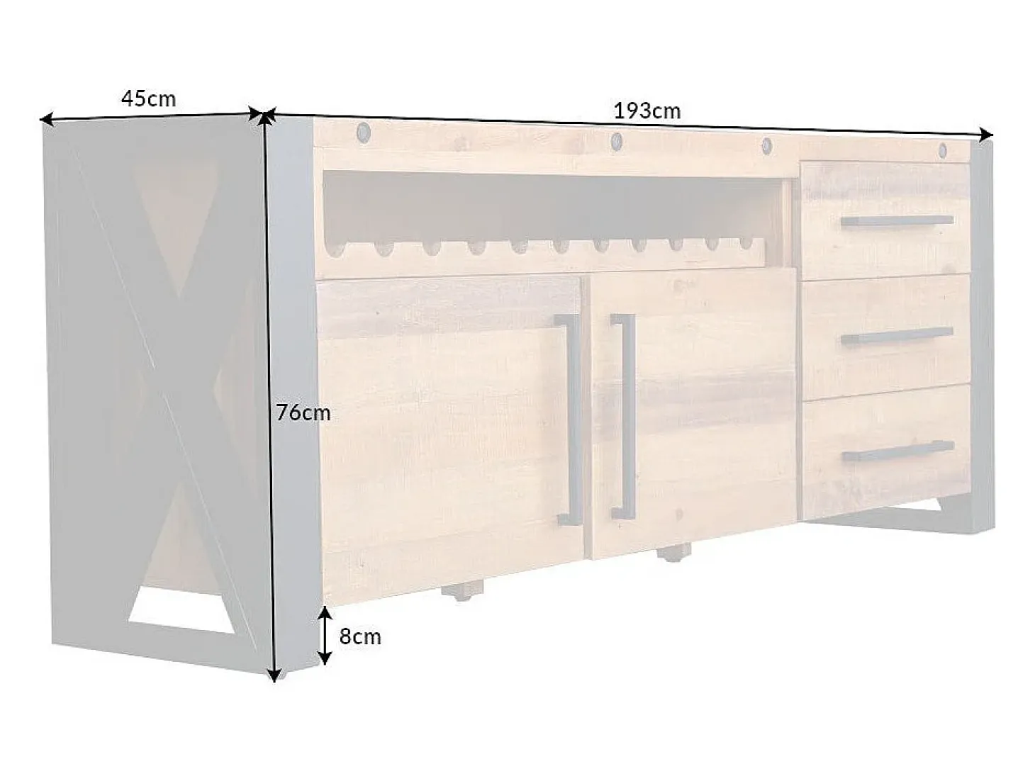 Buffet CAVARA 195 cm – Pino macizo vintage marrón y metal negro – 2 puertas, 3 cajones y botellero