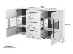 Buffet 180cm colección BREDA con dos puertas parcialmente acristaladas y tres cajones. Color blanco.