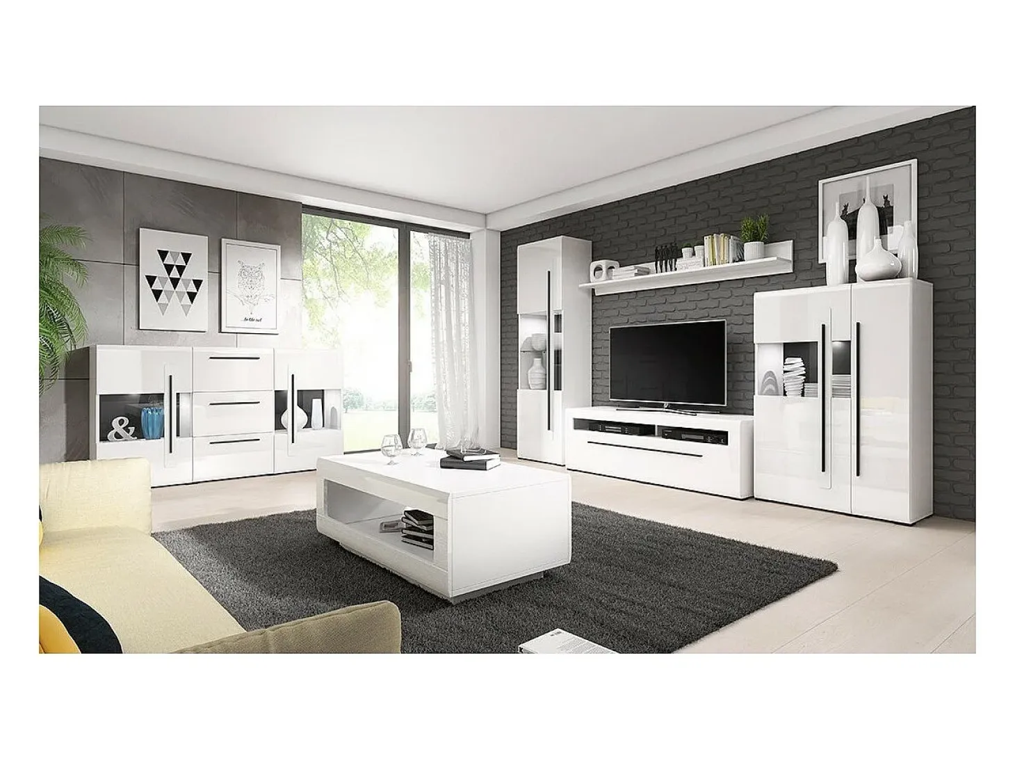 Buffet 180cm colección BREDA con dos puertas parcialmente acristaladas y tres cajones. Color blanco.