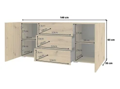 Buffet 140cm colección EVA 2 puertas y 3 cajones. Color roble y negro.