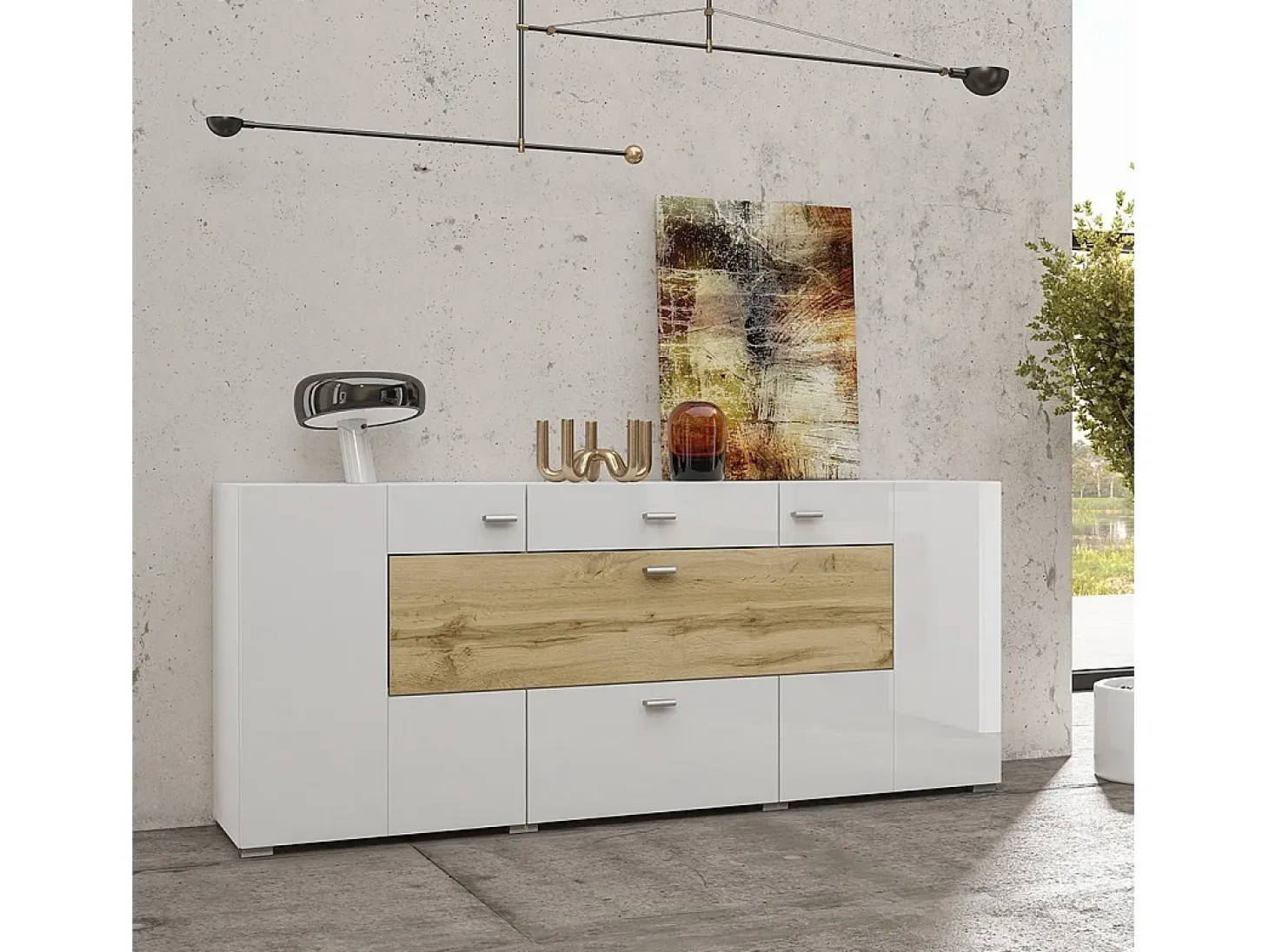 Buffet 165cm colección KOBEE de 3 puertas y 2 cajones. Color blanco y roble.