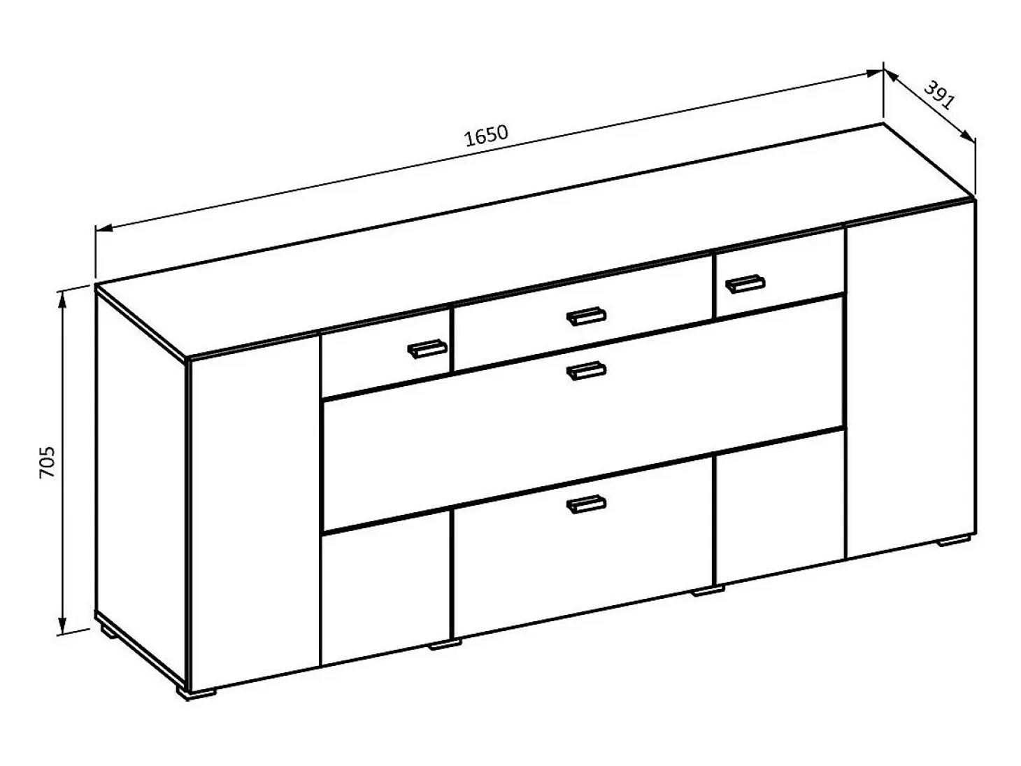 Buffet 165cm colección KOBEE de 3 puertas y 2 cajones. Color blanco y roble.