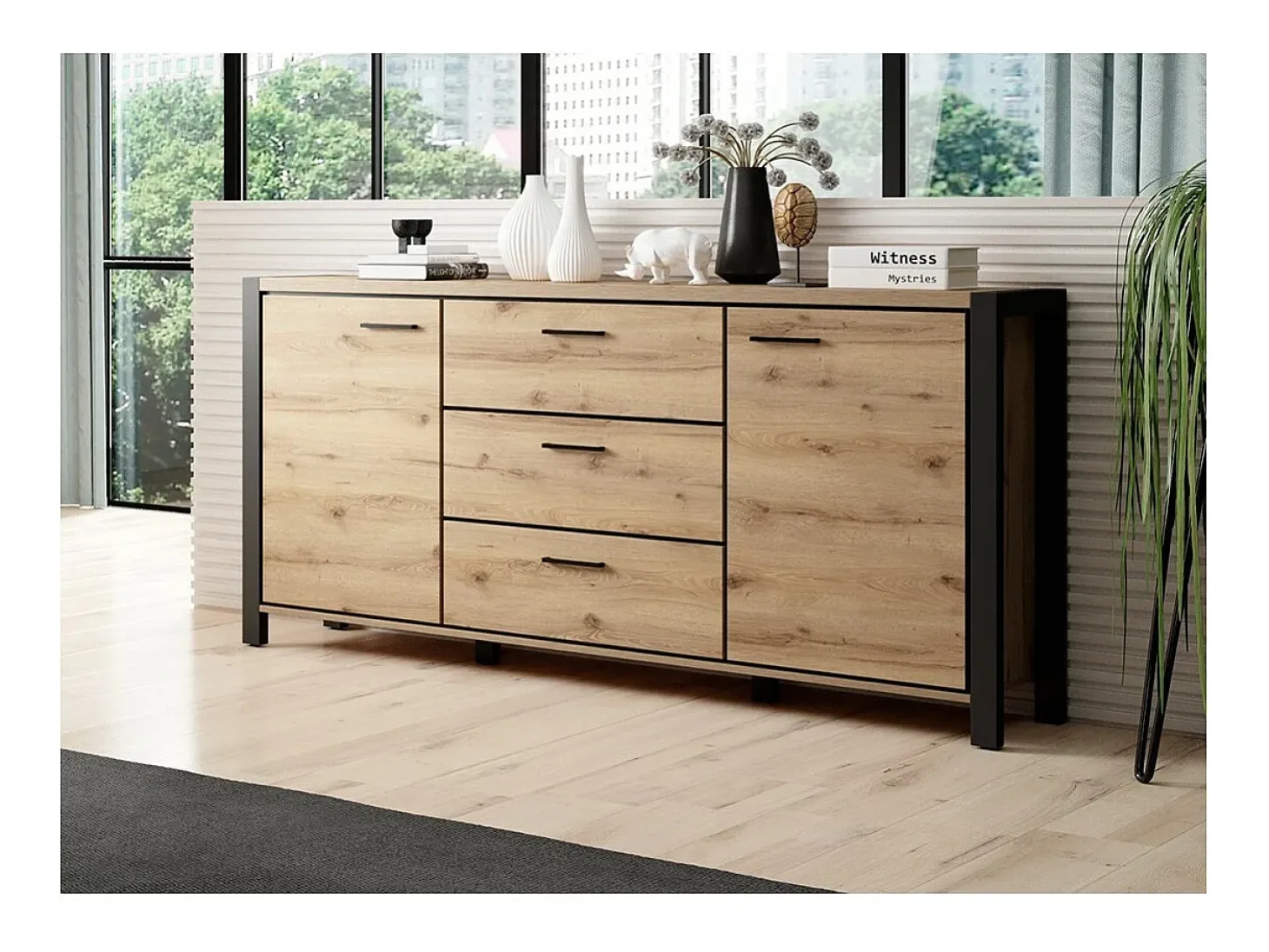 Buffet 180cm colección TIVORA 2 puertas, 3 cajones. Color roble y negro