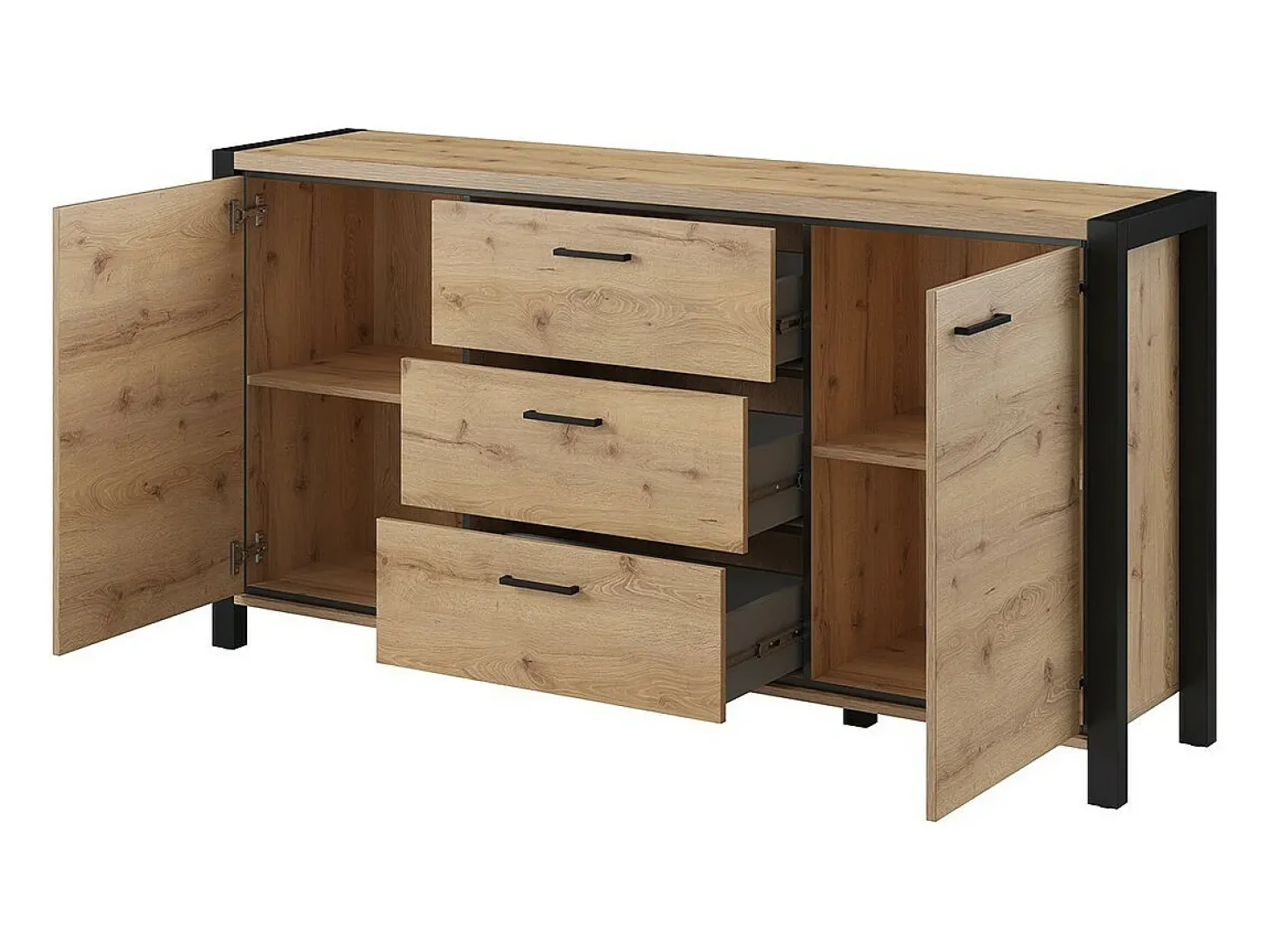 Buffet 180cm colección TIVORA 2 puertas, 3 cajones. Color roble y negro