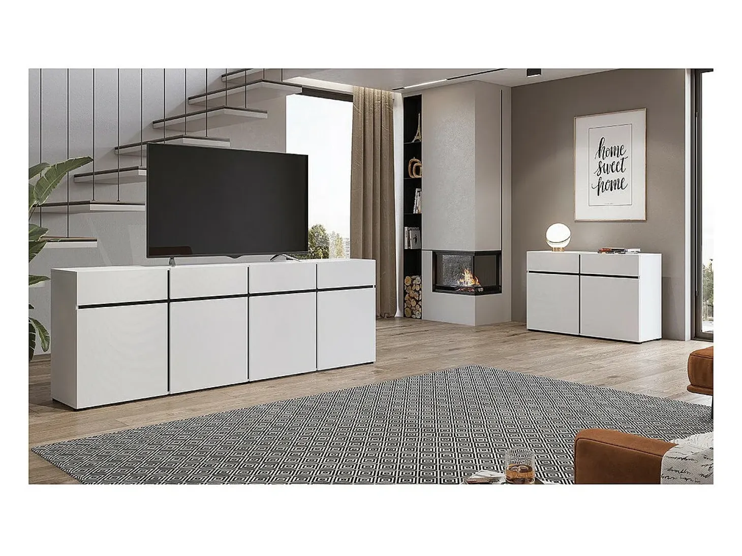Buffet 120cm coloris blanc et noir collection HAVANA. Aparador de diseño con 2 puertas y 2 cajones.