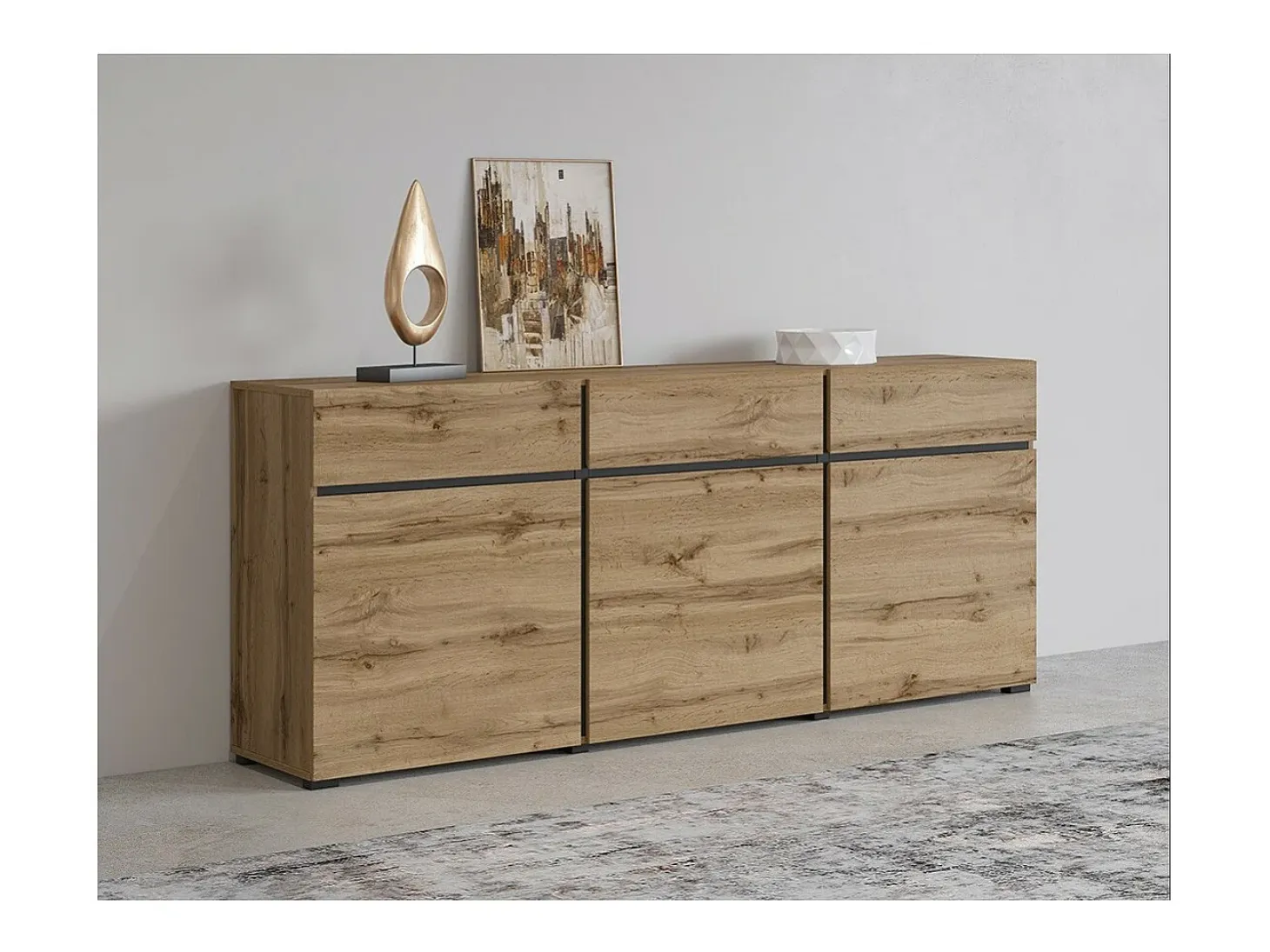 Buffet color roble y negro 180cm colección HAVANA. Aparador de diseño con 3 puertas y 3 cajones.
