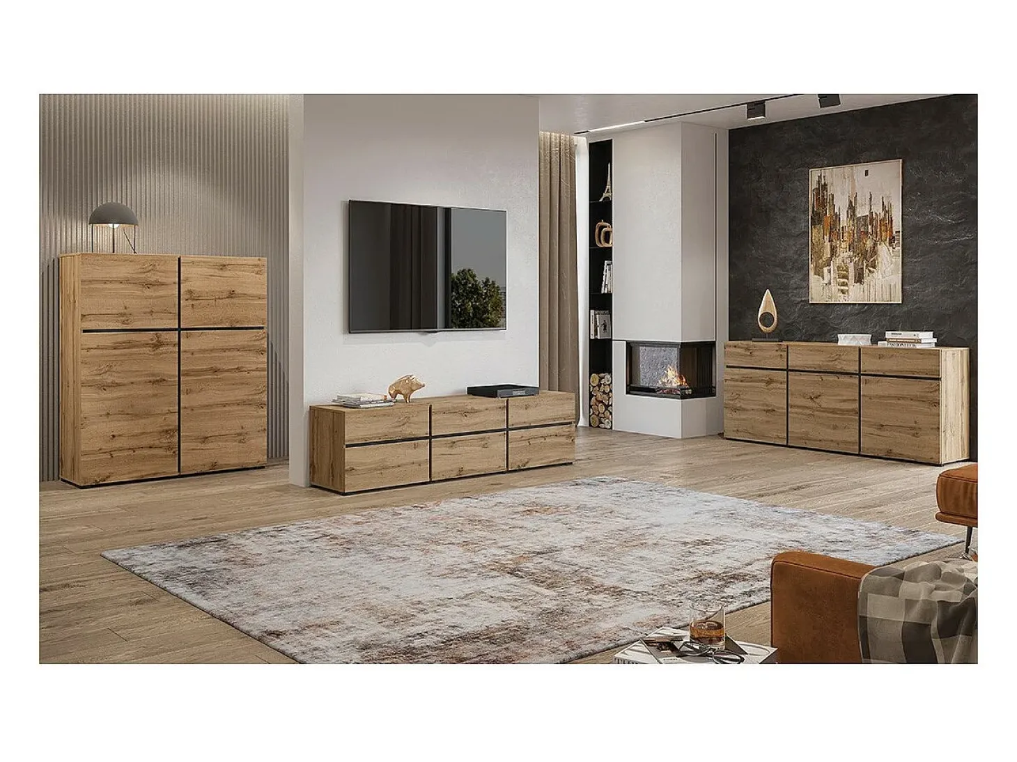 Buffet color roble y negro 180cm colección HAVANA. Aparador de diseño con 3 puertas y 3 cajones.