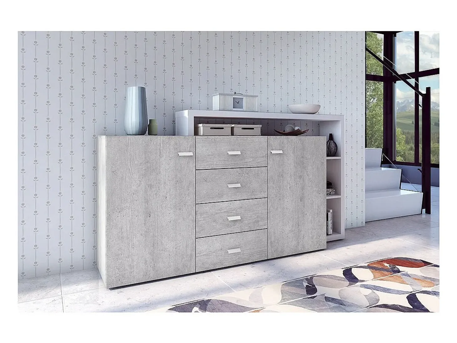 Buffet con estantería integrada colección BERGAME 180cm. Colores Gris y blanco. Estilo de diseño.