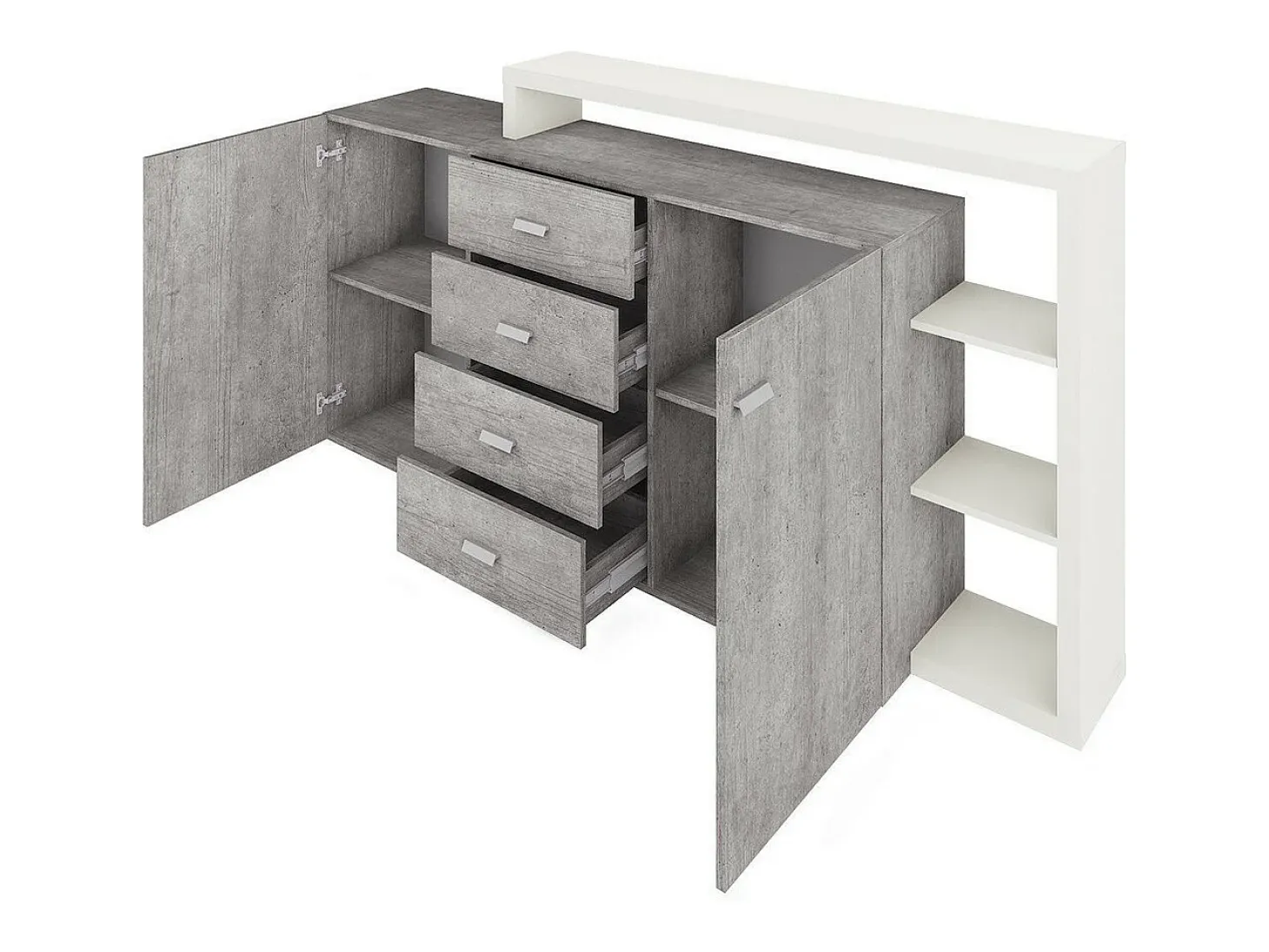Buffet con estantería integrada colección BERGAME 180cm. Colores Gris y blanco. Estilo de diseño.