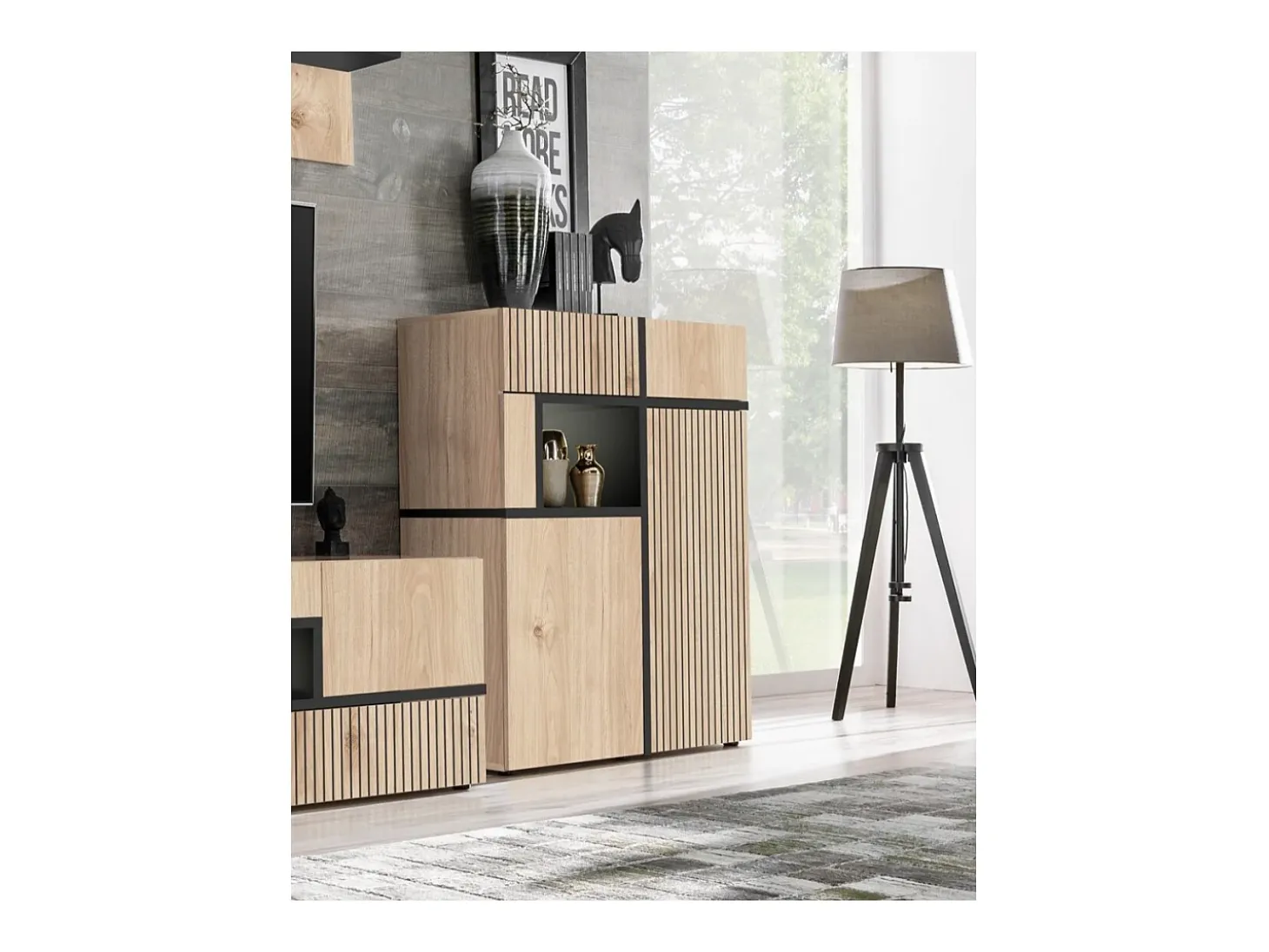 Buffet CRISS – 2 puertas, 2 cajones, LED – Roble claro y negro