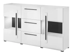 Buffet de 180 cm colección BREDA con dos puertas parcialmente acristaladas y tres cajones. Color blanco.