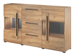 Buffet de 180 cm colección BREDA con dos puertas parcialmente acristaladas y tres cajones. Color Roble.