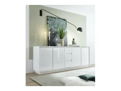 Buffet de 4 puertas y 3 cajones, colección CREAM, color blanco lacado brillante.