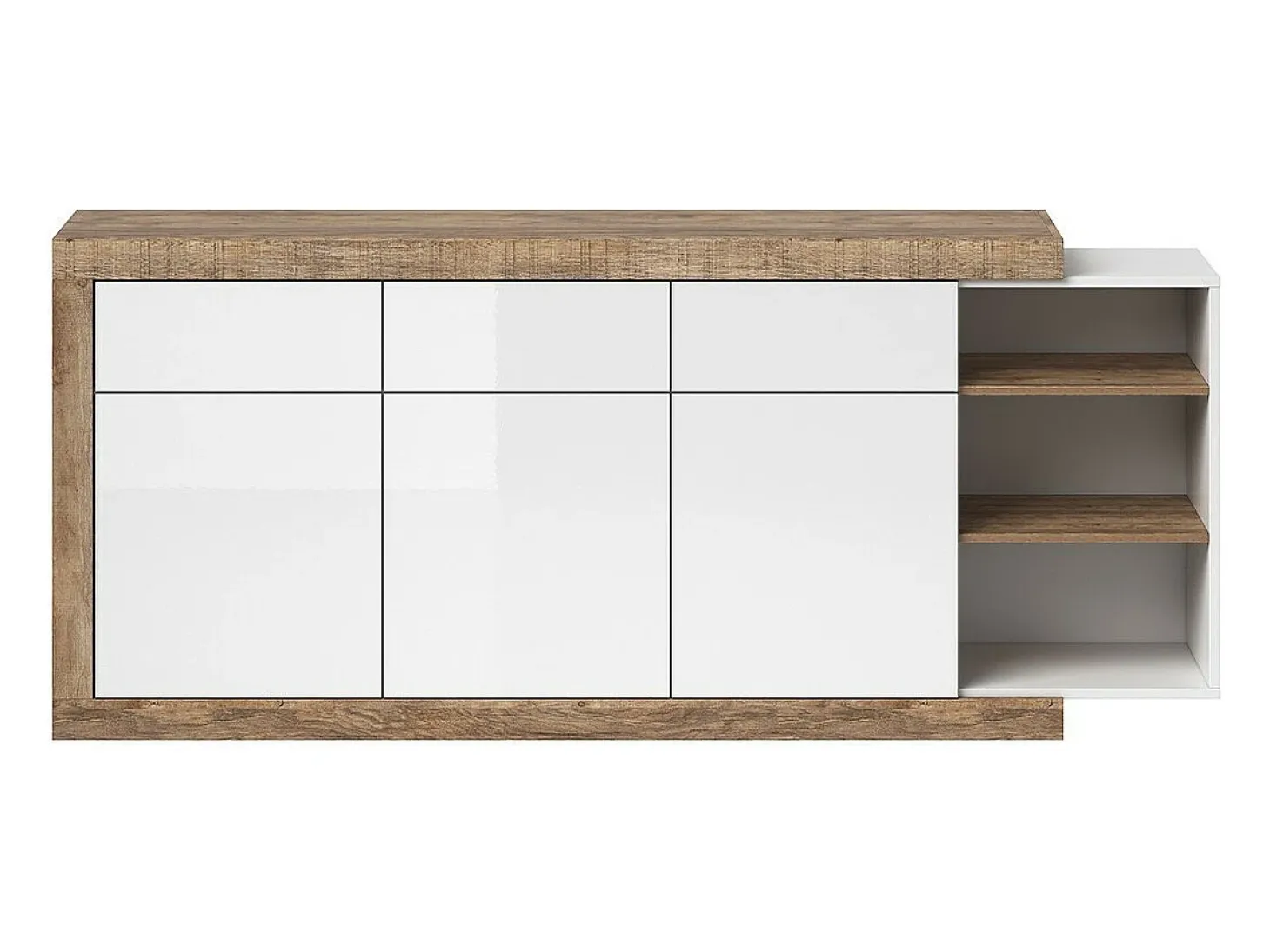 Buffet de 200cm en color roble y blanco brillante con numerosos almacenamientos colección SINATRA.