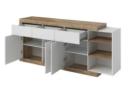Buffet de 200cm en color roble y blanco brillante con numerosos almacenamientos colección SINATRA.