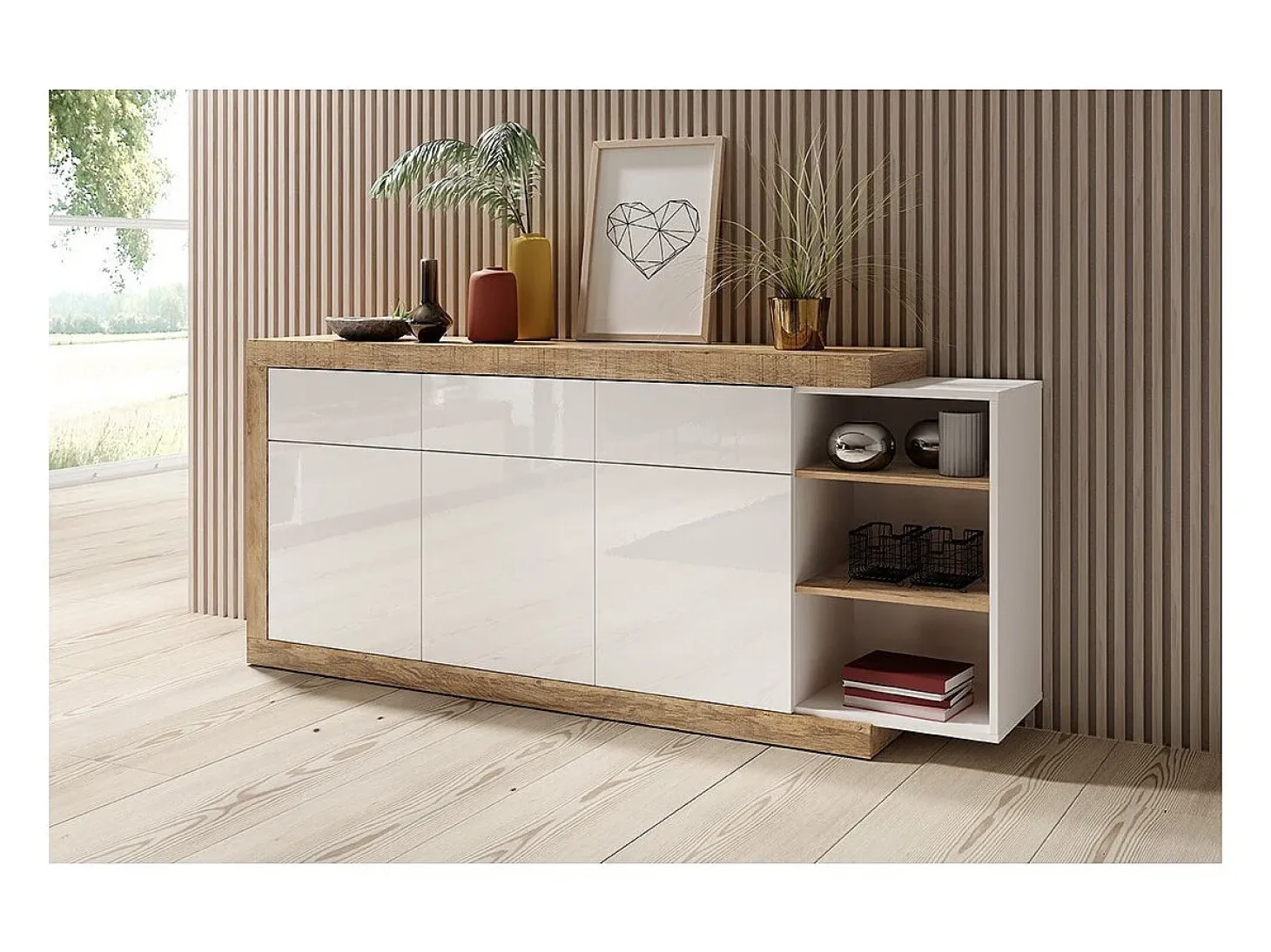 Buffet de 200cm en color roble y blanco brillante con numerosos almacenamientos colección SINATRA.