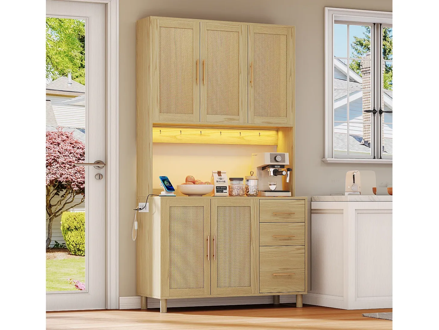 Buffet de cocina 100×40×183 cm - con USB y enchufe - con LED - 5 puertas y 3 cajones - natural
