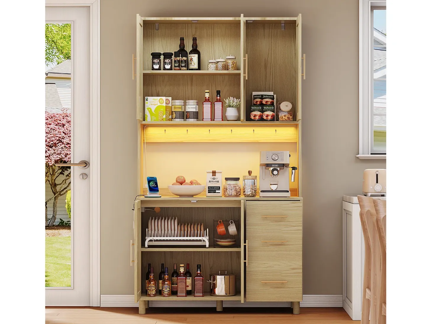 Buffet de cocina 100×40×183 cm - con USB y enchufe - con LED - 5 puertas y 3 cajones - natural