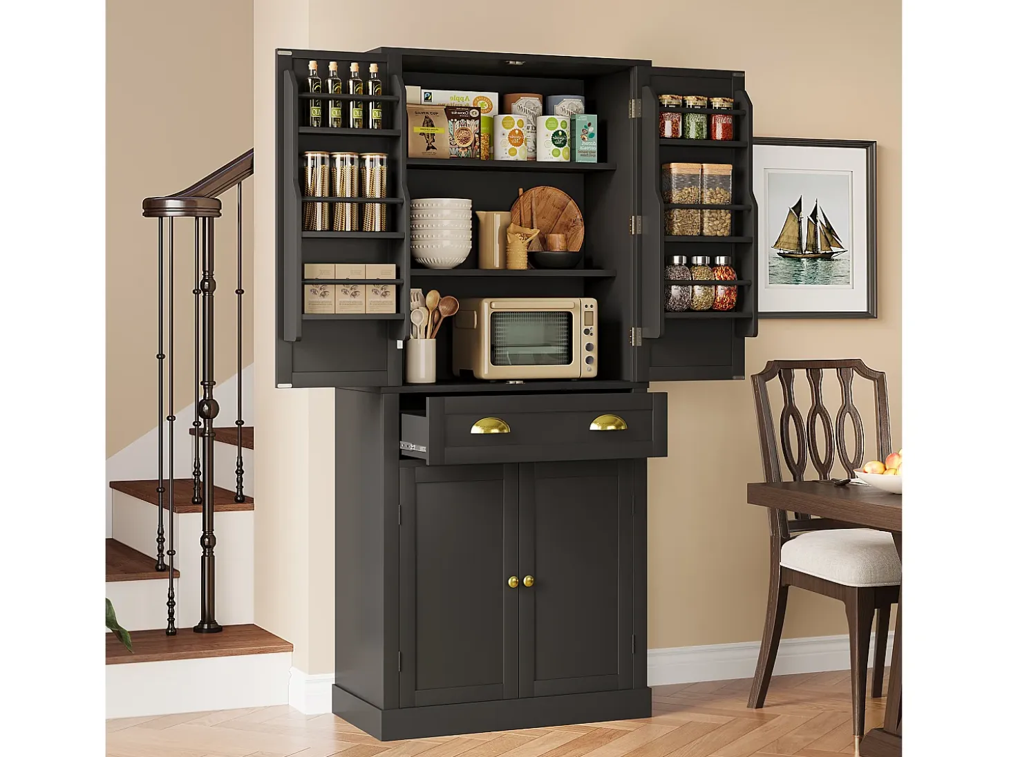 Buffet de cocina 80×40×182 cm - con 2 puertas y 1 cajón - 2 puertas con estantes - negro