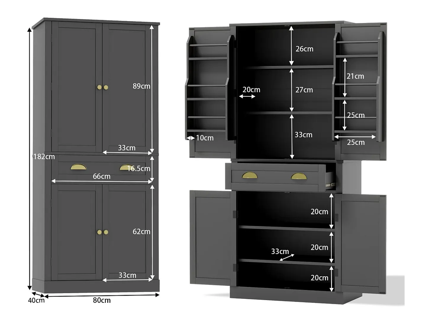 Buffet de cocina 80×40×182 cm - con 2 puertas y 1 cajón - 2 puertas con estantes - negro