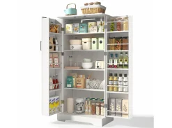 Buffet de cocina 60×35×128 cm - con sensor de luz LED - con 2 puertas - con estantes - con decoración de rayas verticales - Blanco