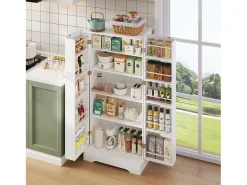 Buffet de cocina 60×35×128 cm - con sensor de luz LED - con 2 puertas - con estantes - con decoración de rayas verticales - Blanco