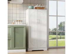 Buffet de cocina 60×35×128 cm - con sensor de luz LED - con 2 puertas - con estantes - con decoración de rayas verticales - Blanco