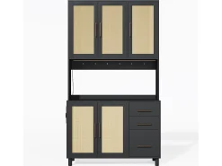 Buffet de cocina 100×40×183 cm - con USB y enchufe - con LED - 5 puertas y 3 cajones - negro+natural