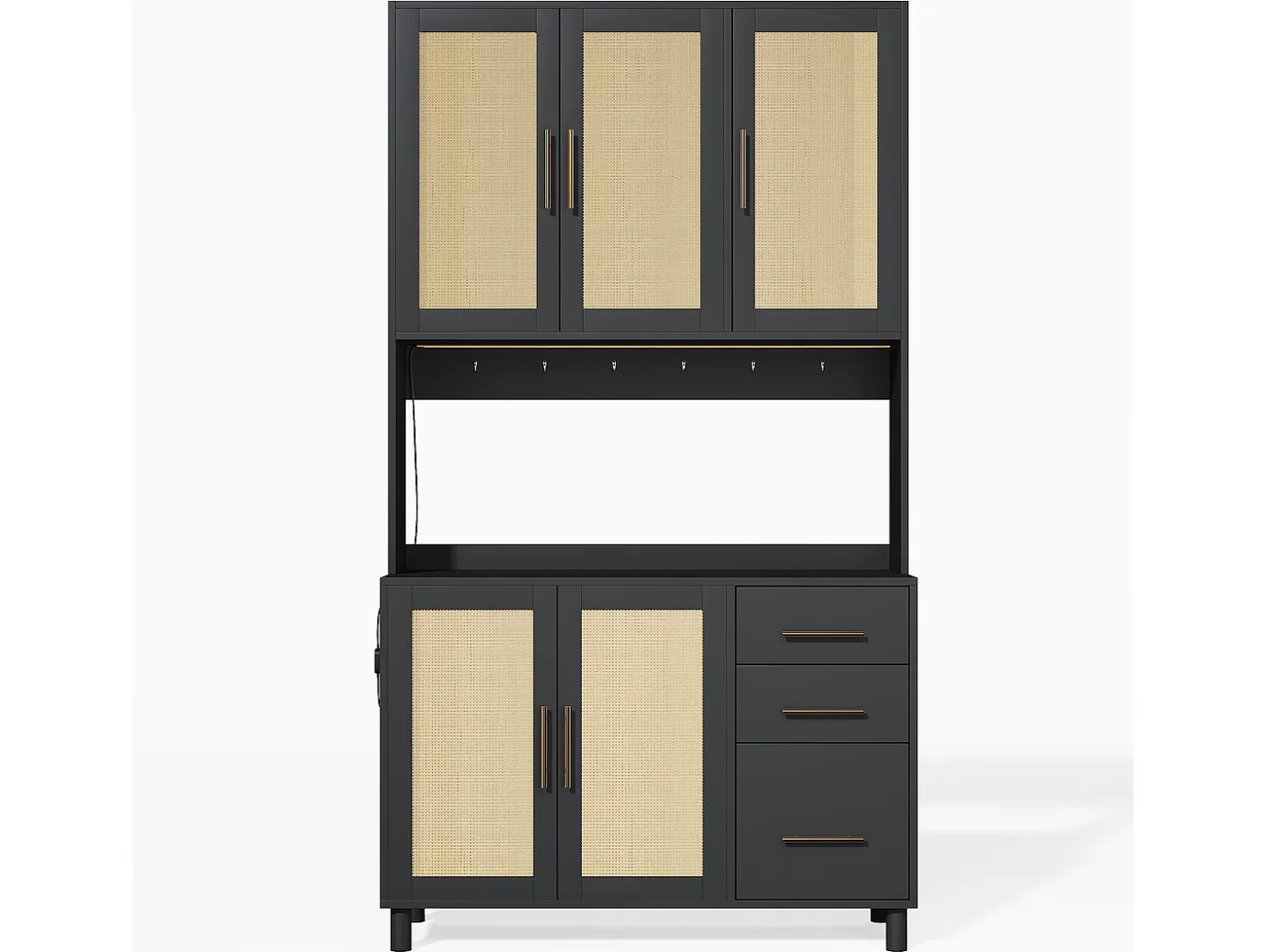 Buffet de cocina 100×40×183 cm - con USB y enchufe - con LED - 5 puertas y 3 cajones - negro+natural