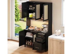 Buffet de cocina 100×40×183 cm - con USB y enchufe - con LED - 5 puertas y 3 cajones - negro+natural