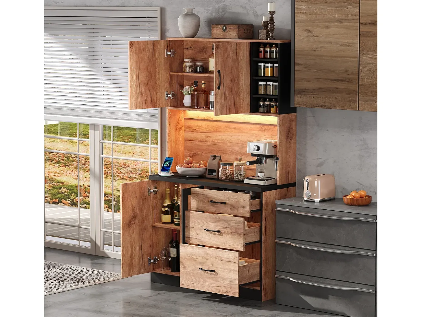 Buffet de cocina moderno 105x40x180cm - con toma de corriente y LED - con 3 cajones y 3 puertas - aspecto veta de madera - Natural + Negro