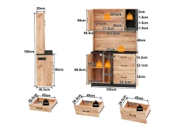 Buffet de cocina moderno 105x40x180cm - con toma de corriente y LED - con 3 cajones y 3 puertas - aspecto veta de madera - Natural + Negro