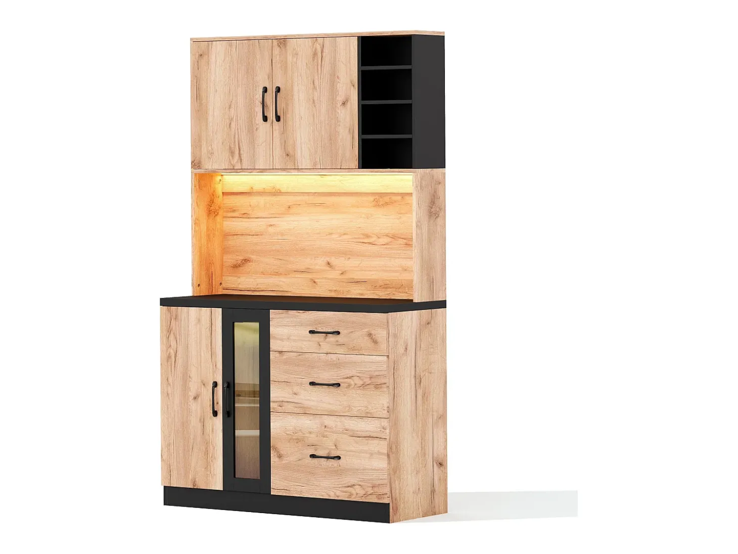 Buffet de cocina moderno 105x40x180cm - con toma de corriente y LED - con 3 cajones y 3 puertas - aspecto veta de madera - Natural + Negro