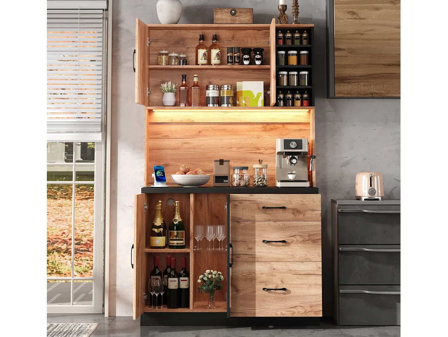 Buffet de cocina moderno 105x40x180cm - con toma de corriente y LED - con 3 cajones y 3 puertas - aspecto veta de madera - Natural + Negro