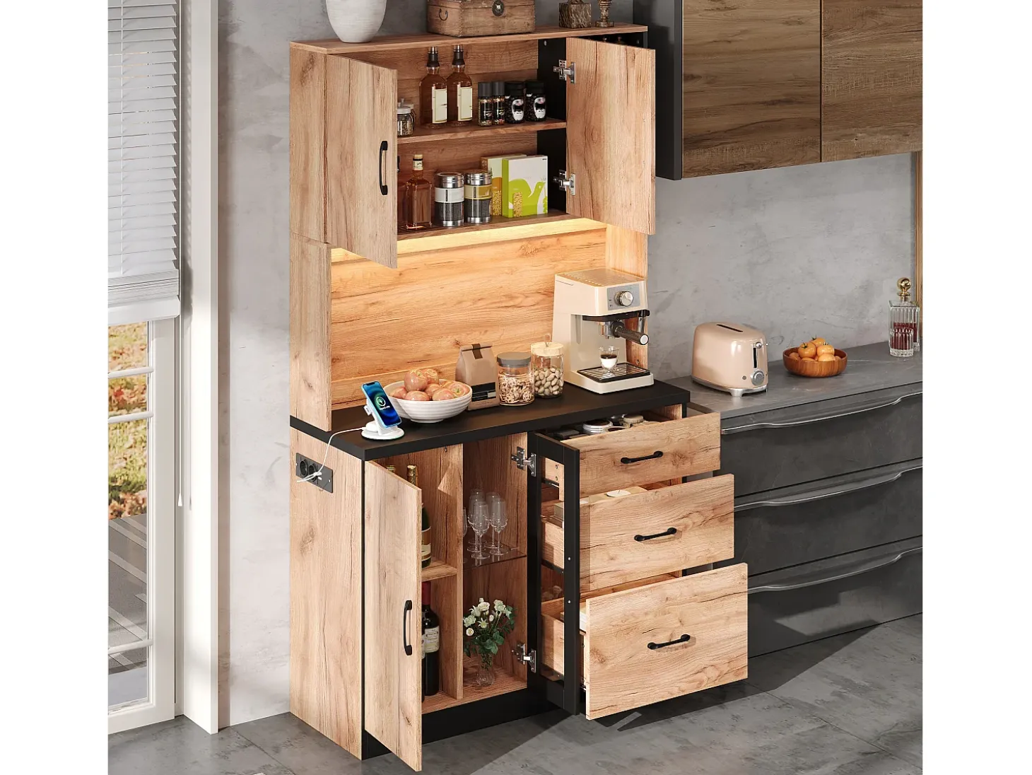 Buffet de cocina moderno 105x40x180cm - con toma de corriente y LED - con 3 cajones y 3 puertas - aspecto veta de madera - Natural + Negro