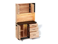 Buffet de cocina moderno 105x40x180cm - con toma de corriente y LED - con 3 cajones y 3 puertas - aspecto veta de madera - Natural + Negro