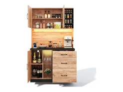 Buffet de cocina moderno 105x40x180cm - con toma de corriente y LED - con 3 cajones y 3 puertas - aspecto veta de madera - Natural + Negro