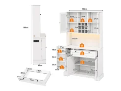 Buffet de cocina moderno 100x40x180cm - con toma de corriente y LED - con 1 cajón y 5 puertas - con estante para especias - Blanco