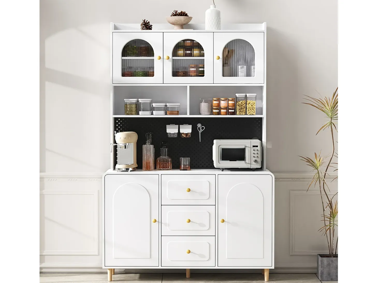 Buffet de cocina moderno 140x40x190cm - con estantes abiertos - con 3 cajones y 5 puertas - Blanco