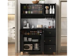Buffet de cocina moderno 120x40x184cm - con toma de corriente y portacopas de vino - con 3 cajones y 5 puertas - Negro