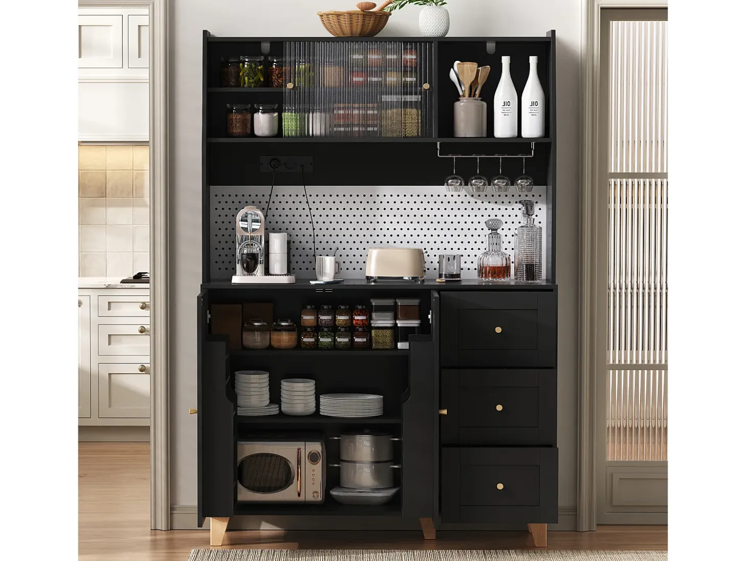 Buffet de cocina moderno 120x40x184cm - con toma de corriente y portacopas de vino - con 3 cajones y 5 puertas - Negro