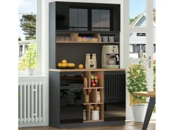 Buffet de cocina moderno 105×45×185 cm - 5 puertas - estantes ajustables - almacenamiento abierto - negro y natural