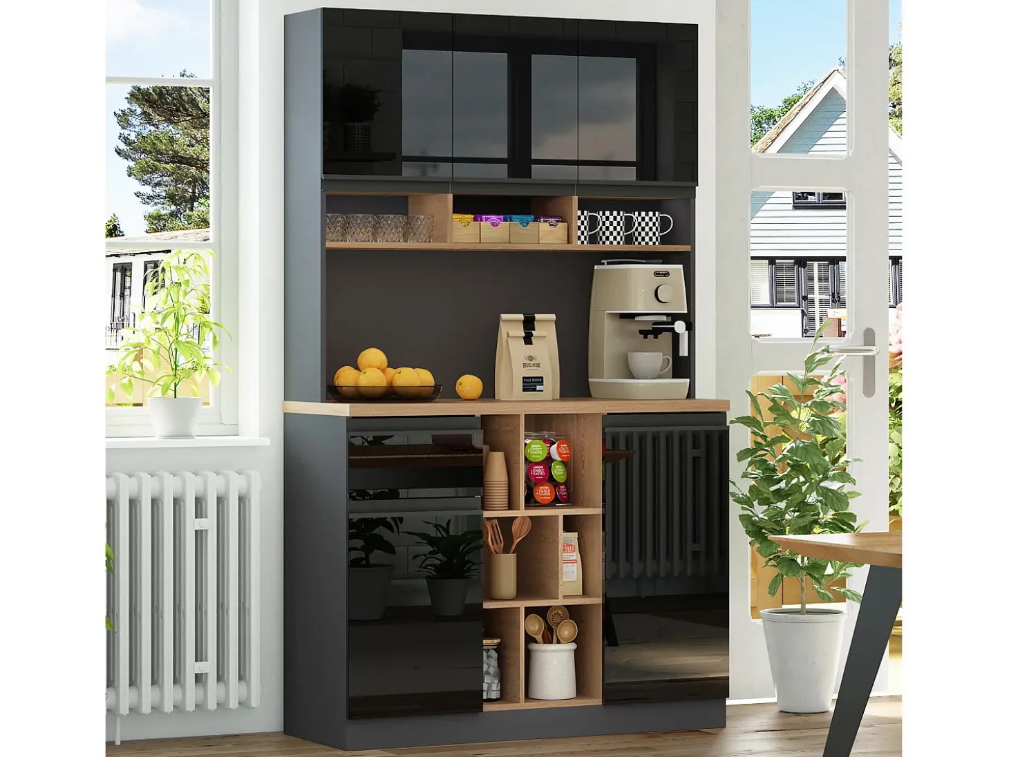 Buffet de cocina moderno 105×45×185 cm - 5 puertas - estantes ajustables - almacenamiento abierto - negro y natural