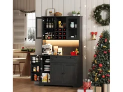 Buffet de cocina moderno 100x40x180cm - con toma de corriente y LED - con 1 cajón y 5 puertas - con estante para especias - Negro