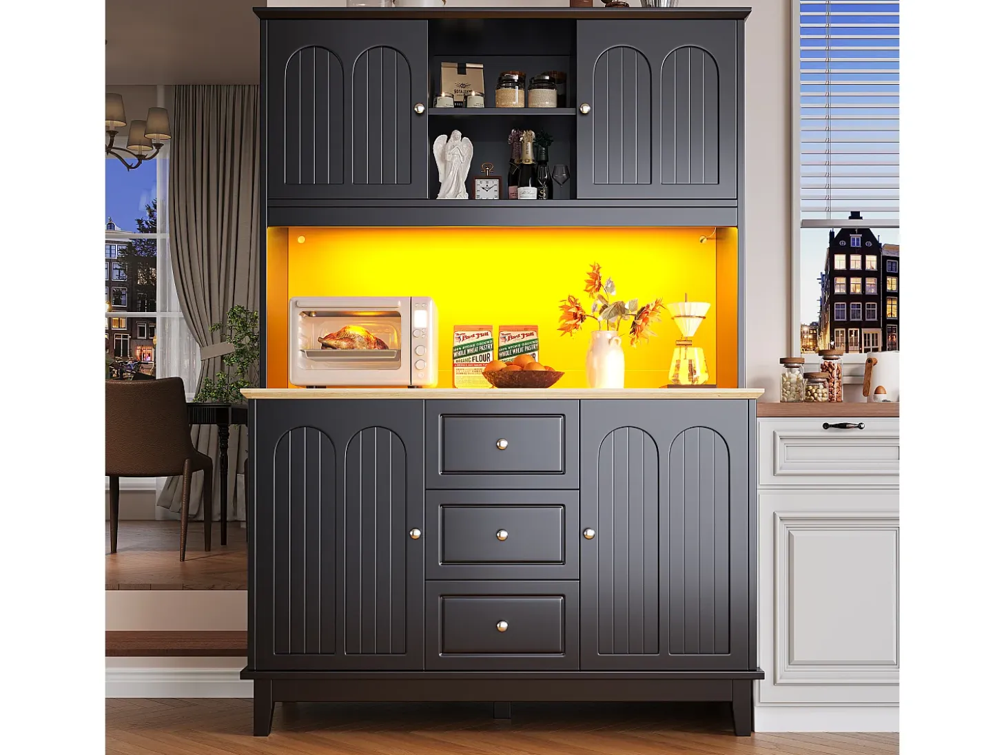 Buffet de cocina 120x40x180 cm - 4 puertas + 3 cajones - mueble alto - con iluminación LED - Estilo moderno - Negro